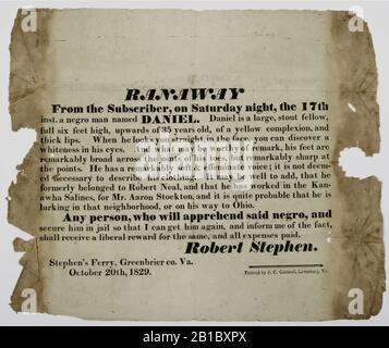 Fugitive Slave Broadside, Greenbrier County, Ernte von 1829. Stockfoto