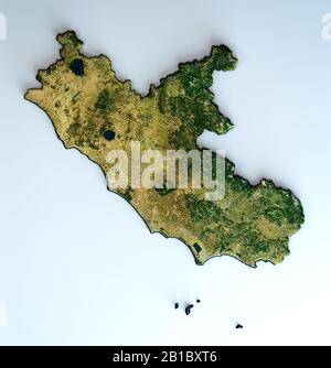 Satellitenansicht der Region Latium. Italien. 3D-Rendering. Physische Karte von Latium, Ebenen, Bergen, Seen, Gebirgszug der Apenninen Stockfoto