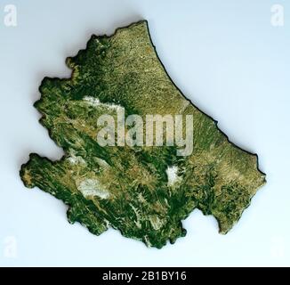 Satellitenansicht der Region Abruzzen. Italien. 3D-Rendering. Physische Karte der Abruzzen, Ebenen, Berge, Seen, Gebirgskette der Apenninen Stockfoto