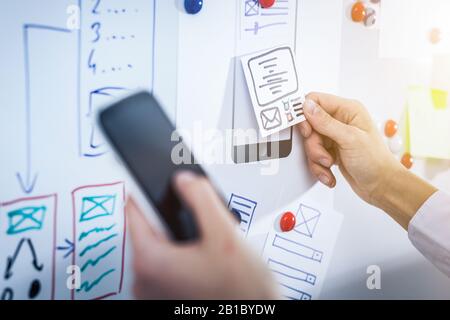Designerin zeichnet Website ux-App-Entwicklung. Konzept der Benutzererfahrung. Stockfoto