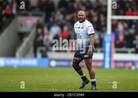 Februar 2020, AJ Bell Stadium, Eccles, England; Betfred Super League, Salford Red Devils gegen Leeds Rhinos: Robert Lui (6) von Leeds Rhinos während des Spiels Stockfoto