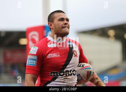 Februar 2020, AJ Bell Stadium, Eccles, England; Betfred Super League, Salford Red Devils gegen Leeds Rhinos: Tui Lolohea von Salford Red Devils. Stockfoto