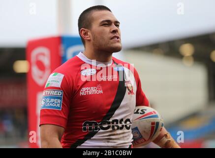 Februar 2020, AJ Bell Stadium, Eccles, England; Betfred Super League, Salford Red Devils gegen Leeds Rhinos: Tui Lolohea von Salford Red Devils. Stockfoto