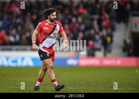 Februar 2020, AJ Bell Stadium, Eccles, England; Betfred Super League, Salford Red Devils gegen Leeds Rhinos: Rhys Williams (22) von Salford Red Devils Stockfoto