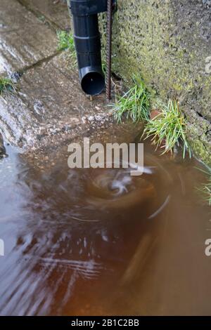 Schmutzwasser von einem Hof, der nach einem Sturm einen Abfluss abführt. North Yorkshire, Großbritannien. Stockfoto