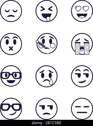Emojis Gesichter flacher Stil Symbol Set Design, Cartoon Ausdruck niedlich Emoticon Charakter Profil Gesichts-Spielzeug schmückend und soziale Medien Thema Vector Illustration Stock Vektor