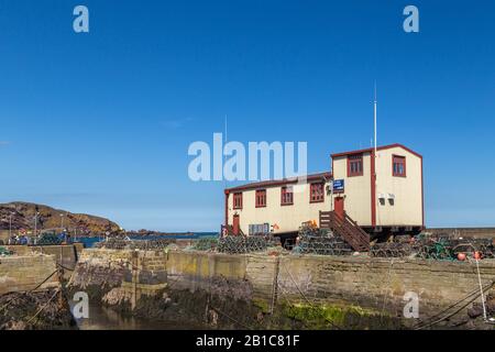 Lifeboat House am St Abbs Harbour, einem kleinen Fischerdorf in der Nähe von Coldingham in Berwickshire, Schottland Stockfoto