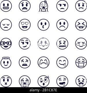 Emojis Gesichter flacher Stil Symbol Set Design, Cartoon Ausdruck niedlich Emoticon Charakter Profil Gesichts-Spielzeug schmückend und soziale Medien Thema Vector Illustration Stock Vektor