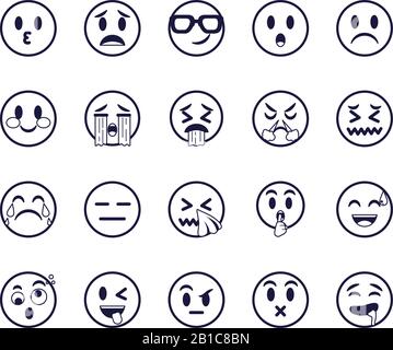Emojis Gesichter flacher Stil Symbol Set Design, Cartoon Ausdruck niedlich Emoticon Charakter Profil Gesichts-Spielzeug schmückend und soziale Medien Thema Vector Illustration Stock Vektor