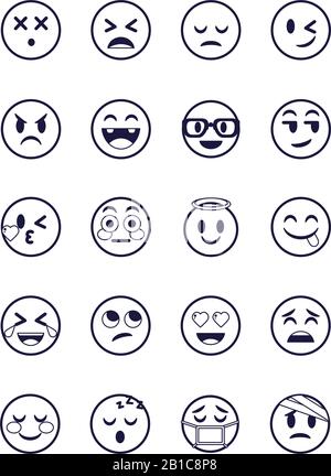 Emojis Gesichter flacher Stil Symbol Set Design, Cartoon Ausdruck niedlich Emoticon Charakter Profil Gesichts-Spielzeug schmückend und soziale Medien Thema Vector Illustration Stock Vektor