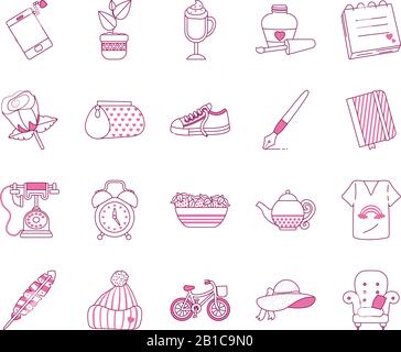 Niedliche Objekte halbe Linie halbe Farbe Stil Icon Set Design, Schmuck Kunst niedlich Idee kreativ und dekorativ Thema Vektor-Illustration Stock Vektor