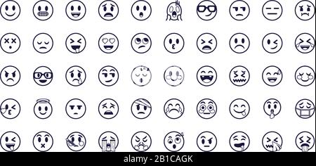Emojis Gesichter flacher Stil Symbol Set Design, Cartoon Ausdruck niedlich Emoticon Charakter Profil Gesichts-Spielzeug schmückend und soziale Medien Thema Vector Illustration Stock Vektor