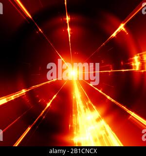 3D-Computergrafik, gelbe Laserstrahlen vor schwarzem und rotem Hintergrund Stockfoto