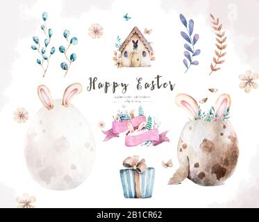 Aquarell Happy Easter Set, Farbige Eier mit rosafarbener Blume und Frühlings-Blumenmuster, isoliert auf weißem Hintergrund, Vintage-Aquarell-Illustration für Desi Stockfoto