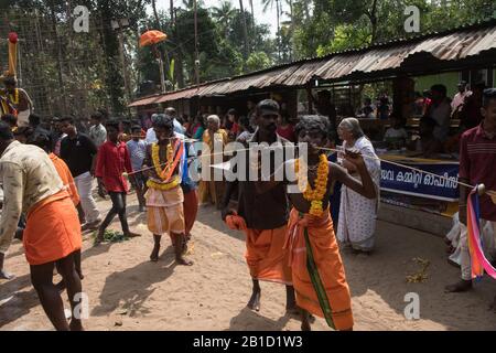 Anhänger, die Speere in ihren durchbohrten Mündern (Kavadi Aattam) als Akt der Hingabe während Thaipooyam oder Thaipoosam, Festival in Kedakulam, Kerala, halten. Stockfoto