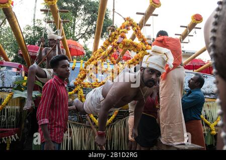 Devotee, der von Hook-Piercings als ritueller Akt der Hingabe hängt, Garudan Theokkam, während Thaipooyam (Thaipoosam) in Kedakulam, Kerala, Indien. Stockfoto