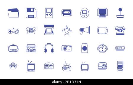 Liniendesign Icon-Set-Design, Retro Freizeittechnik Entertainment Besessenheit Digital und Lifestyle Thema Vector Illustration Stock Vektor