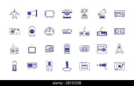 Liniendesign Icon-Set-Design, Retro Freizeittechnik Entertainment Besessenheit Digital und Lifestyle Thema Vector Illustration Stock Vektor