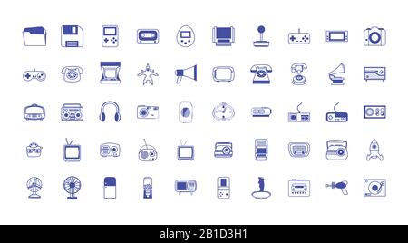Liniendesign Icon-Set-Design, Retro Freizeittechnik Entertainment Besessenheit Digital und Lifestyle Thema Vector Illustration Stock Vektor