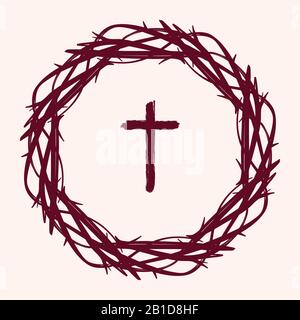 Dornenkrone und Kreuz, österliches religiöses Symbol für das Christenthum handgezeichnete Vektor-Illustration-Skizze. Stock Vektor