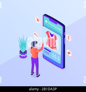 Online-Shopping Wählen Sie ein Produkt E-Commerce-Woman-Kleidung auf dem Smartphone mit isometrischem Style-Vektor Stockfoto