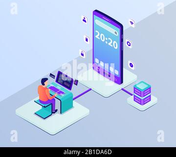 Entwicklungskonzept für mobile Apps mit Programmierern mit großem Smartphone im isometrischen Stil Stockfoto