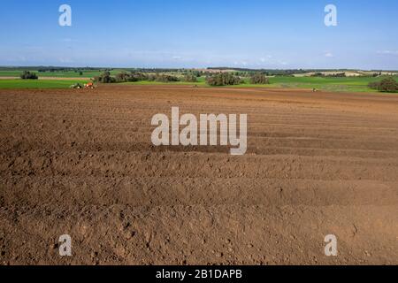 Traktoren, die Kartoffeln in der Wüste Negev, Israel, Pflanzen Stockfoto