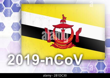 Brunei Darussalam-Flagge und futuristische digitale abstrakte Komposition mit 2019-nCoV-Aufschrift. Covid-19-Konzept für Virusausbrüche Stockfoto