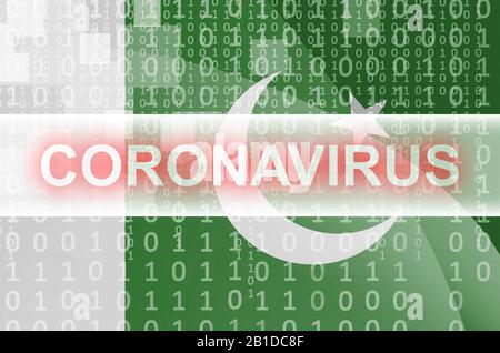 Flagge Pakistans und futuristische digitale abstrakte Komposition mit weißer Aufschrift aus Coronavirus. Covid-19-Konzept für Virusausbrüche Stockfoto