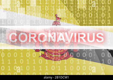 Brunei Darussalam-Flagge und futuristische digitale abstrakte Komposition mit weißer Aufschrift aus Coronavirus. Covid-19-Konzept für Virusausbrüche Stockfoto