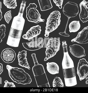 Austern und Wein nahtloses Muster. Handgezeichnete Vektorgrafik auf Kreideplatte. Meeresfrüchte Hintergrund. Kann für Designmenü, Verpackung, Rezepte, Stock Vektor