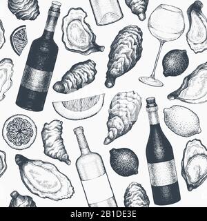 Austern und Wein nahtloses Muster. Handgezeichnete Vektorgrafiken. Meeresfrüchte Hintergrund. Kann für Designmenü, Verpackung, Rezepte, Fischmarkt, s verwendet werden Stock Vektor