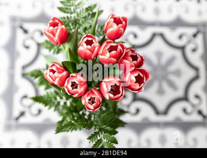 Overhead-Ansicht eines roten, weißen Rändern Tulpen-Bouquets auf hydraulischem Hintergrund. Stockfoto