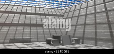 Gefängnishof. Betonwände und Metallstäbe Decke, Häftlinge entkommen dem Präventionskonzept. Tisch und Bänke, unter dem Blick auf den blauen Himmel. Banner, 3d illustrr Stockfoto