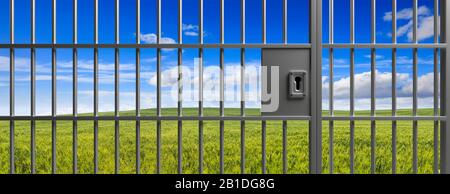 Privacy, Freedom Escape Konzept. Landschaft, Naturhintergrund hinter einem verschlossenen Metalltor. Der Eingang ist verboten, Banner. 3D-Abbildung Stockfoto