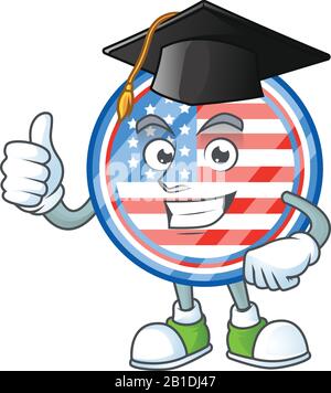 Ein glücklicher Charakter von Kreisabzeichen USA in einem schwarzen Abschlusshut Stock Vektor