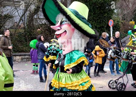 Ein Teilnehmer trägt ein Kostüm und eine Maske beim Karneval in Allschwil, Basel landschaft, Schweiz Stockfoto