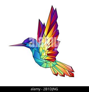 Kunstvoll gezeichneter Regenbogen, leuchtende, helle, polygonale Kolibris auf weißem Hintergrund. Tattoo-Stil. Stock Vektor