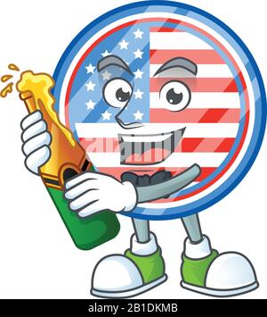 Maskottchen Cartoon-Design von Kreis-Abzeichen USA mit einer Flasche Bier Stock Vektor