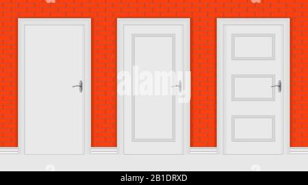 Weiße Innentüren auf rotem Backstein-Wandhintergrund Stock Vektor