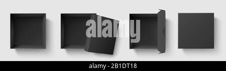 Schwarzes Fenster von oben. Eckige dunkle Packungsboxen mit offener Kappe, leere Cube Packages verspottet 3d isoliertes Template Vector Illustration Set Stock Vektor