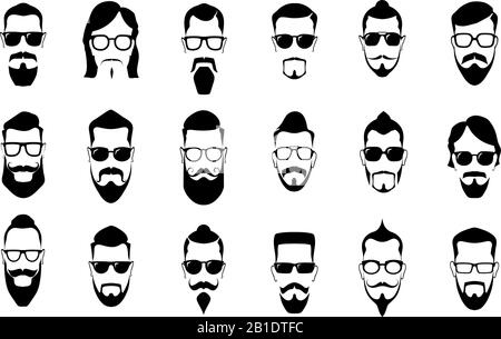 Männlicher Schnurrbart, Bart und Haarschnitt. Silhouetten mit Vintage-Schnurrbart, Frisur des Mannes und Symbole für Vektor-Silhouetten im Porträt Stock Vektor