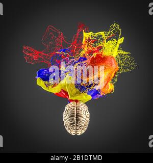 3D-Bild eines goldfarbenen menschlichen Gehirns und eine Farbexplosion: Konzept der Kreativität und des künstlerischen Sinns. Niemand in der Nähe. Stockfoto