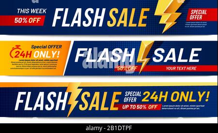 Flash-Werbebanner. Lightning bieten Verkäufe an, nur jetzt Angebote und Rabatte bieten Lightnings Banner Layout Vektor Illustration Set Stock Vektor
