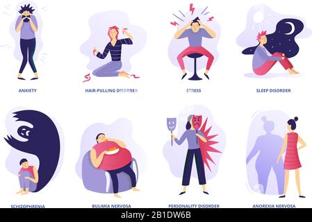 Psychische Störungen. Psychische Erkrankungen, Personenpsychotherapie und psychiatrische Probleme. Mentalitätsstörung Vektor Illustration Set Stock Vektor