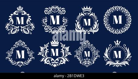 Luxuriöser Monogrammrahmen. Ornamentale Monogramme, heraldische Initialen Logo Schmuck und elegante Buchstaben Rahmen Rahmen Vektor Illustration Set Stock Vektor