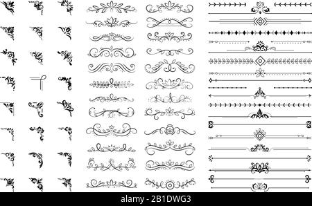 Dekorative Ecken und Trennelemente. Ornamentale Locken, königliche Verzierungen und Vintage filigrane Verzierung Ecke Vektor Illustration Set Stock Vektor