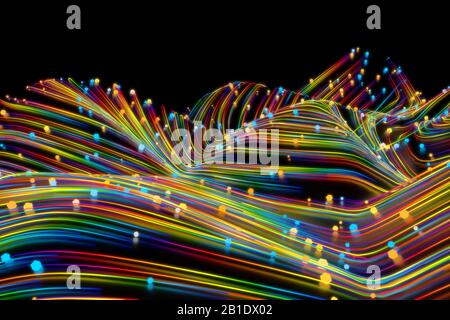 Neon glühende verdrehte kosmische Linien auf der Oberfläche des Planeten. Schöne Wirbel, helle Turbulenz Locken fließen bunte Bewegung. Flüssig und glatt Stockfoto