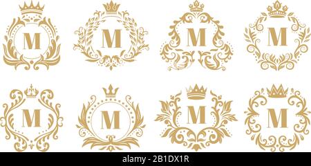 Luxus-Monogramm. Vintage-Krone-Logo, goldene Ziermonogramme und heraldische Kranzornamentik Vektor-Set Stock Vektor