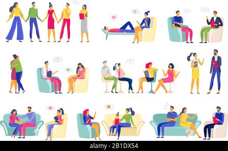 Psychotherapiesitzung. Psychologische Therapie, Familienpsychologe und Psychotherapeutische Sitzungen Vektor-Illustration Set Stock Vektor